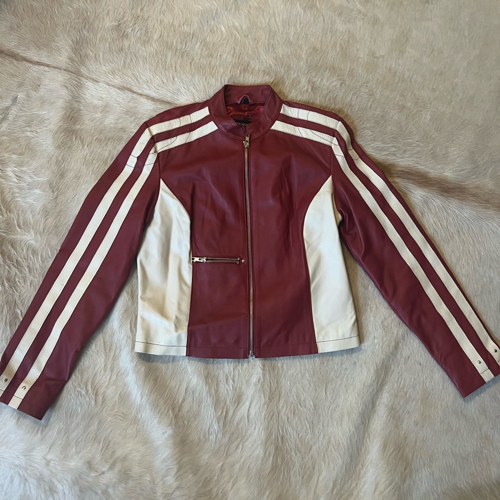 Red/white leather moto jacket